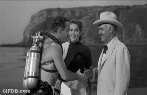 A Man In A White Hat Shakes Hands With A Scuba Diver And A Woman GIF