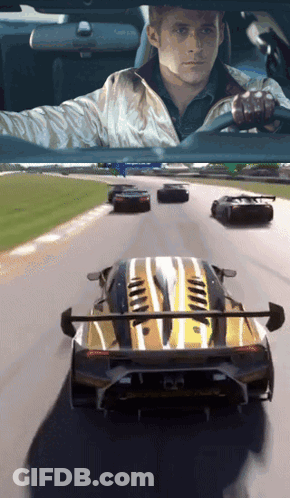 A Man In A White Jacket Is Driving A Car On A Race Track With Other Cars GIF