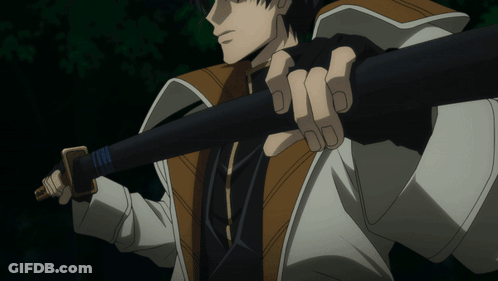 A Man In A White Jacket Is Holding A Large Sword GIF