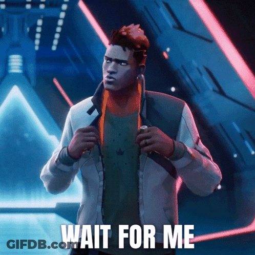 A Man In A White Jacket Is Standing In Front Of A Sign That Says " Wait For Me " GIF