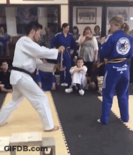 A Man In A White Karate Uniform Is Fighting Another Man In A Blue Karate Uniform . GIF