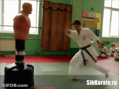 A Man In A White Karate Uniform Is Kicking A Punching Bag In A Gym With Sibkarate.ru Written On The Bottom GIF