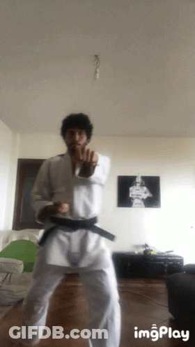 A Man In A White Karate Uniform With A Black Belt Is Doing A Karate Stance GIF
