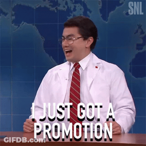 A Man In A White Lab Coat And Red Tie Says I Just Got A Promotion GIF