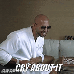 A Man In A White Robe And Sunglasses Is Sitting On A Couch With The Words Cry About It Written Below Him GIF