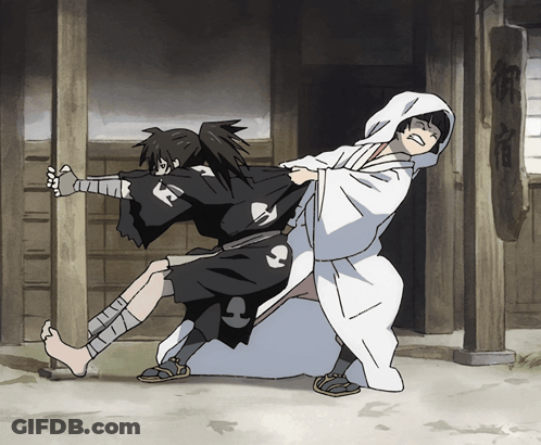 A Man In A White Robe Is Pushing Another Man In A Black Kimono GIF