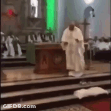 A Man In A White Robe Is Standing In Front Of A Church Altar . GIF