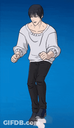A Man In A White Shirt And Black Pants Is Dancing In Front Of A Blue Background GIF