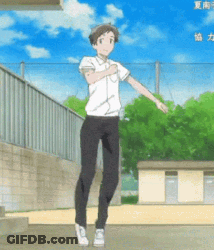 A Man In A White Shirt And Black Pants Is Dancing In Front Of A Fence . GIF