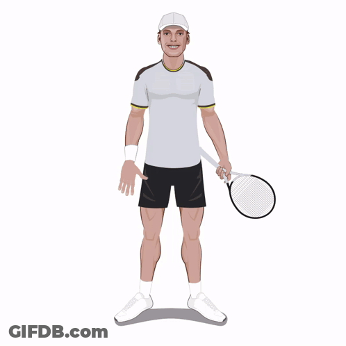 A Man In A White Shirt And Black Shorts Is Holding A Tennis Racket GIF