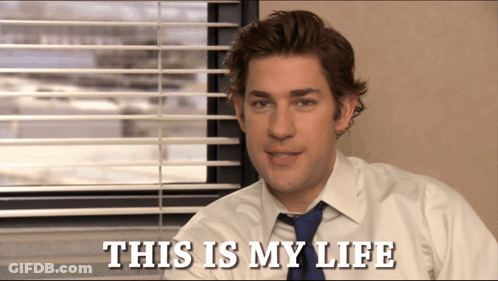 A Man In A White Shirt And Blue Tie Says " This Is My Life " In Front Of A Window GIF