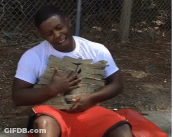 A Man In A White Shirt And Red Shorts Is Holding A Stack Of Money In His Hands . GIF