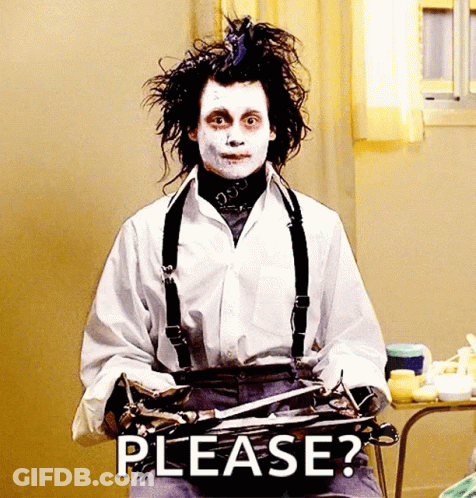 A Man In A White Shirt And Suspenders Is Holding A Pair Of Scissors And Saying Please . GIF
