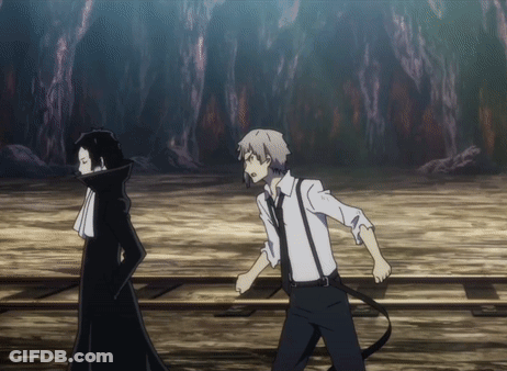 A Man In A White Shirt And Suspenders Is Standing Next To A Man In A Black Coat GIF