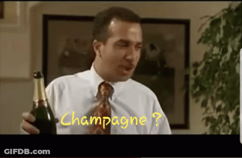 A Man In A White Shirt And Tie Holds A Bottle Of Champagne In Front Of A Picture That Says Champagne GIF