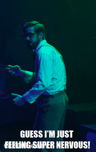 A Man In A White Shirt And Tie Is Dancing With The Caption Guess I 'M Just Feeling Super Nervous !. GIF