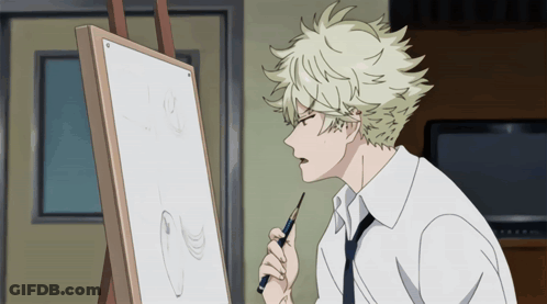 A Man In A White Shirt And Tie Is Holding A Brush In Front Of A White Board GIF