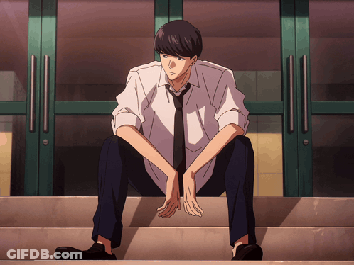 A Man In A White Shirt And Tie Is Sitting On A Set Of Stairs GIF