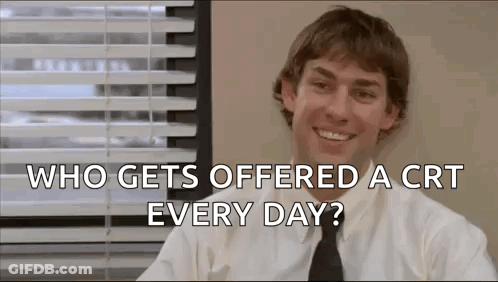 A Man In A White Shirt And Tie Is Smiling And Asking Who Gets Offered A Crt Every Day ? GIF