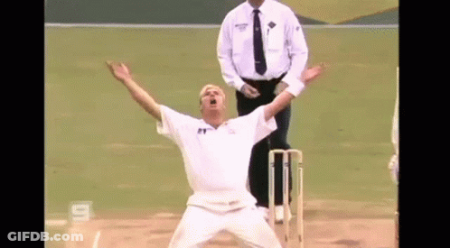 A Man In A White Shirt And Tie Is Standing On A Cricket Field With His Arms In The Air . GIF