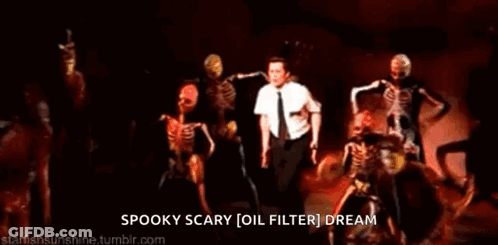 A Man In A White Shirt And Tie Is Surrounded By Skeletons And The Words Spooky Scary [ Oil Filter ] Dream GIF