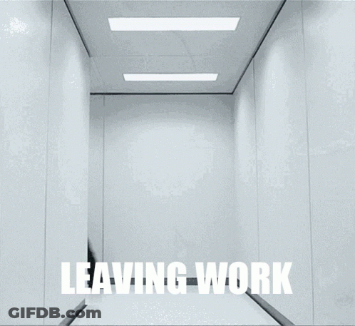 A Man In A White Shirt And Tie Is Walking Down A Hallway That Says Leaving Work On The Wall GIF