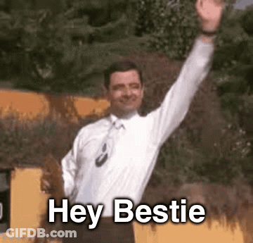 A Man In A White Shirt And Tie Is Waving His Hand And Says Hey Bestie . GIF