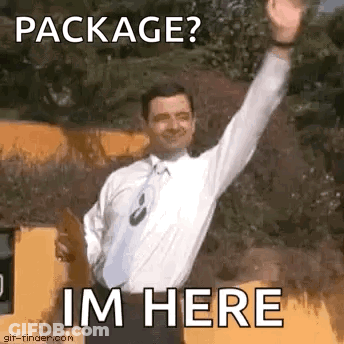 A Man In A White Shirt And Tie Is Waving With His Arm In The Air And Says `` Package ? Im Here '' . GIF