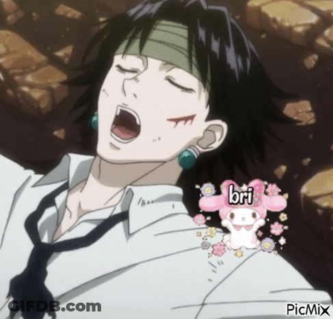 A Man In A White Shirt And Tie Is Yawning With A Picture Of My Melody Next To Him . GIF