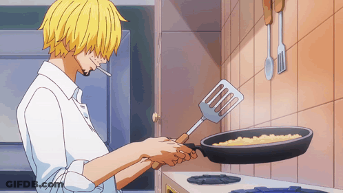 A Man In A White Shirt Is Cooking In A Frying Pan With A Spatula GIF