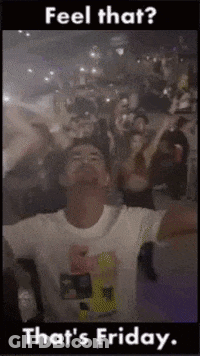 A Man In A White Shirt Is Dancing In Front Of A Crowd With The Words Feel That That 'S Friday Below Him GIF