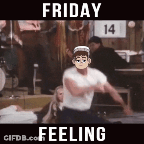 A Man In A White Shirt Is Dancing In Front Of A Sign That Says Friday Feeling . GIF