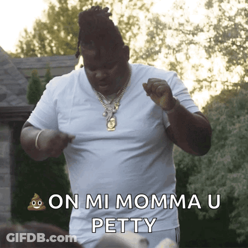 A Man In A White Shirt Is Dancing With The Words On Mi Momma U Petty Below Him GIF