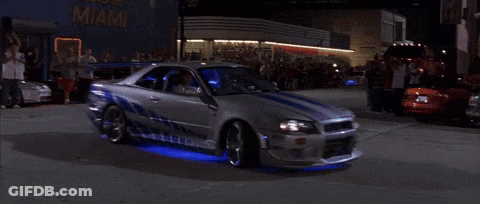 A Man In A White Shirt Is Driving A Car With Blue Lights GIF