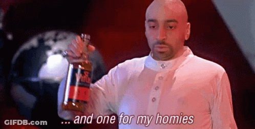A Man In A White Shirt Is Holding A Bottle Of Wine And Saying `` And One For My Homies '' . GIF