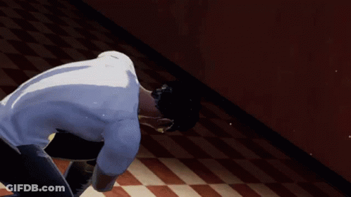 A Man In A White Shirt Is Holding A Glowing Object In His Hand On A Checkered Floor . GIF