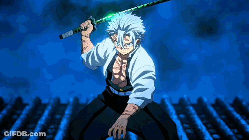 A Man In A White Shirt Is Holding A Green Sword In His Hand GIF