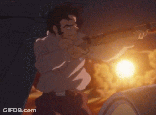 A Man In A White Shirt Is Holding A Gun In His Right Hand GIF