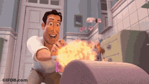 A Man In A White Shirt Is Holding A Purple Object That Looks Like A Fireball . GIF