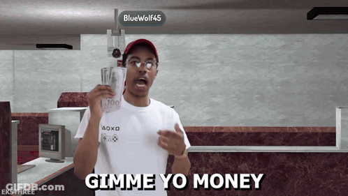 A Man In A White Shirt Is Holding A Stack Of Money And Saying Gimme Yo Money GIF