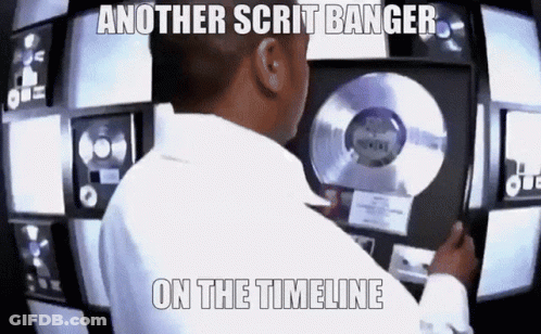 A Man In A White Shirt Is Looking At A Screen That Says " Another Scrit Banger On The Timeline " GIF
