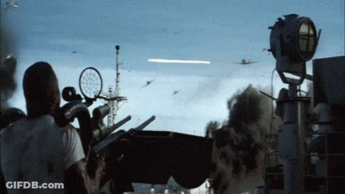 A Man In A White Shirt Is Looking Through A Telescope At A Plane Flying In The Sky GIF