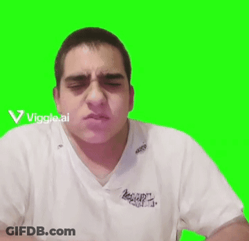 A Man In A White Shirt Is Making A Funny Face While Eating Something On A Green Screen . GIF