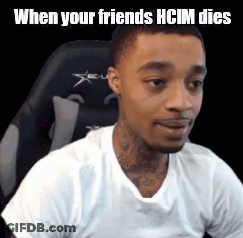 A Man In A White Shirt Is Sitting In A Chair With The Words " When Your Friends Hcim Dies " Below Him GIF