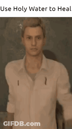 A Man In A White Shirt Is Standing In Front Of A Blackboard With The Words Use Holy Water To Heal Written On It . GIF