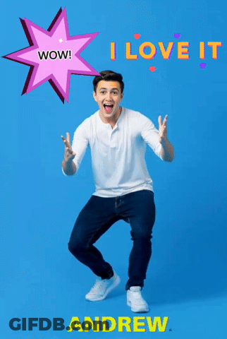 A Man In A White Shirt Is Standing In Front Of A Blue Background That Says I Love It GIF