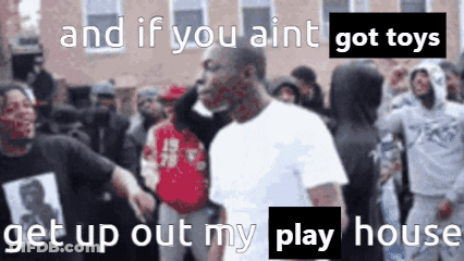 A Man In A White Shirt Is Standing In Front Of A Crowd With The Words And If You Ain T Got Toys GIF