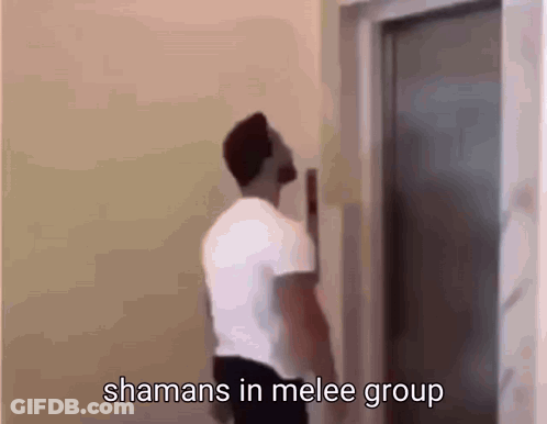 A Man In A White Shirt Is Standing In Front Of An Elevator With The Words `` Shamans In Melee Group '' Written On It . GIF