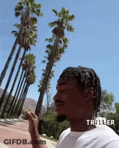A Man In A White Shirt Is Standing In Front Of Palm Trees . GIF