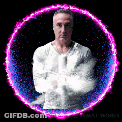 A Man In A White Shirt Is Surrounded By A Purple Circle That Says Lemat Works GIF